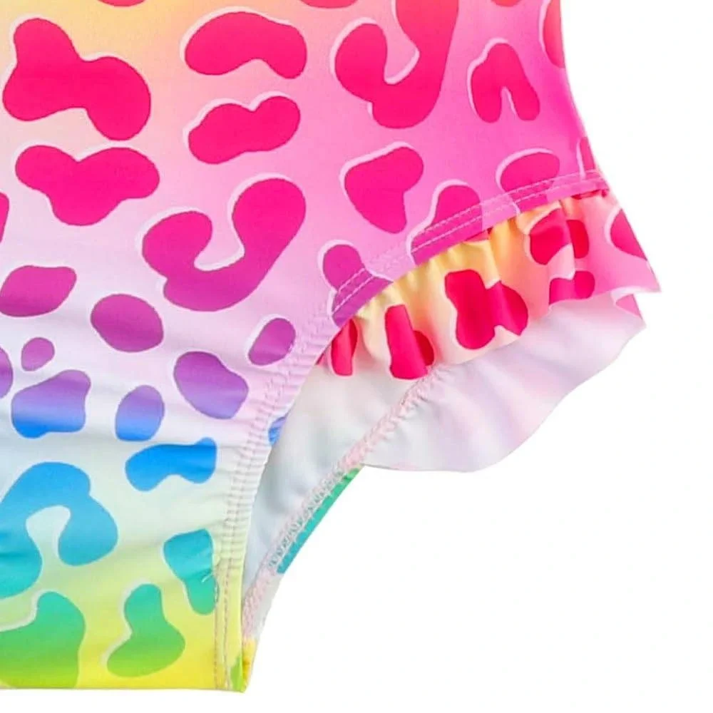 Girls Rainbow Leopard Long Sleeve Rash Guard Swimsuit Size 130